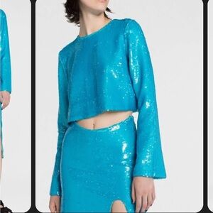 NWT GANNI Blue Sequin Blouse Blue Curacao Size 34
